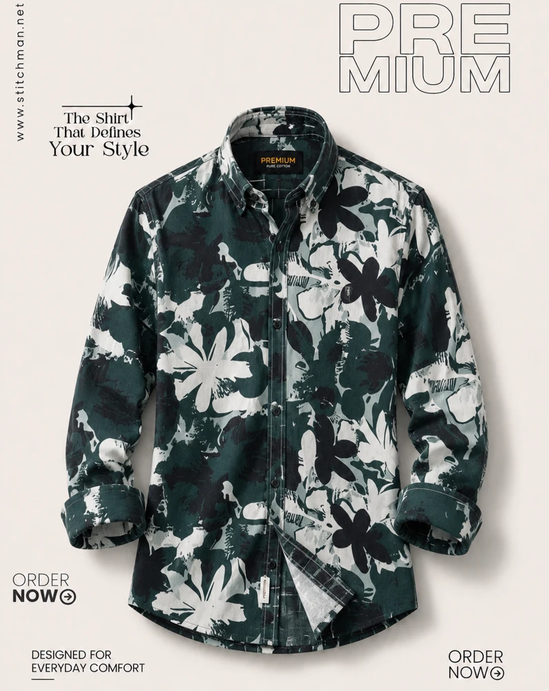 Exclusive Floral Cotton Print Shirt Teal & White -PR260202